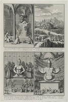 KG 11964
<br/>
Oost-Indië: Japan, Han koning der Tartaren, trofeeën in de bergen, Confusius en Amida.
<br/>
<em>Picart, Bernard (1673-1733)</em>